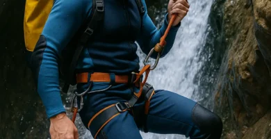 Barranquista descendiendo un rapel con arnés de barranquismo y neopreno