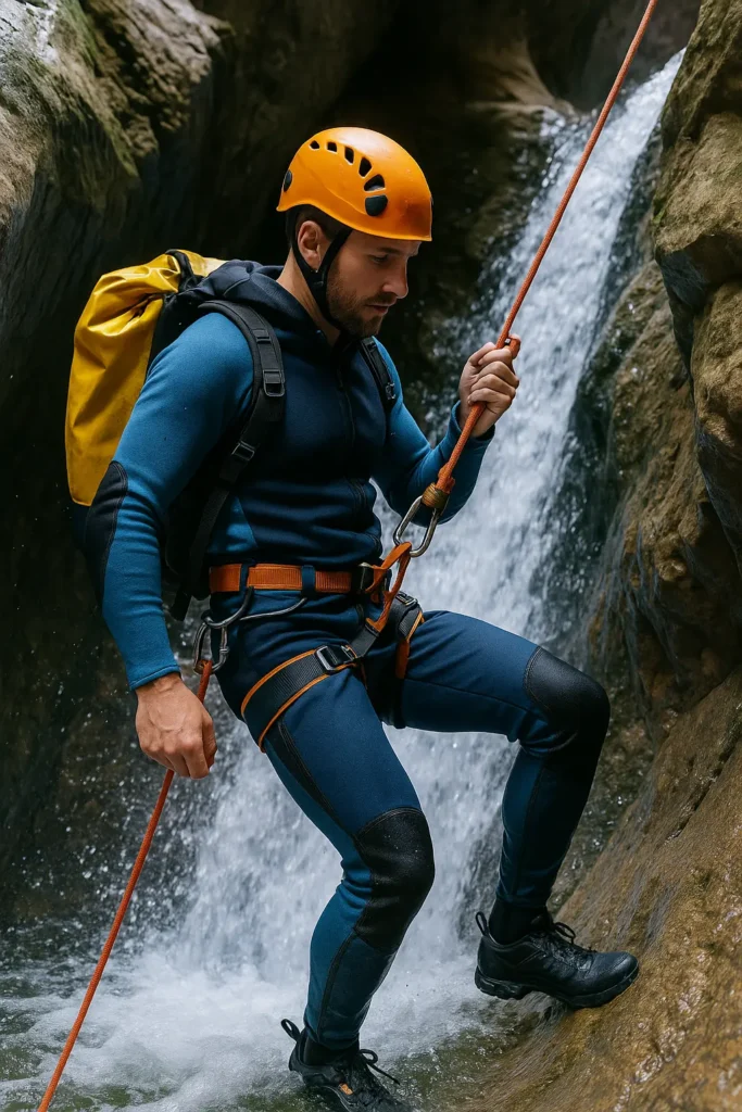 Barranquista descendiendo un rapel con arnés de barranquismo y neopreno